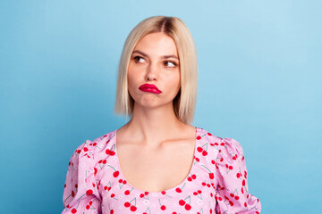 Photo of sad moody gloomy lovely girl wear stylish pink print clothes look empty space isolated on...