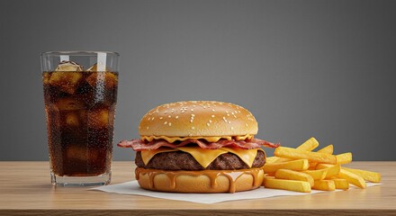 Delicious double cheeseburger with bacon, fries, and refreshing cola on wooden table