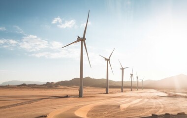 Tall and white wind turbines in the desert