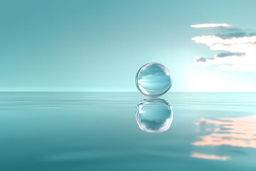Minimalist Water Sphere on Calm Ocean Surface with Sky Reflection : Abstract water droplet on tranquil blue surface with soft sky reflection. Minimal, peaceful scene perfect for nature and wellness. 