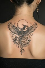 Back tattoo on woman featuring large phoenix in flight, symmetrical wings, glowing ink effect