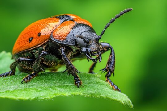 Big insect crawling and feeding on a plant, leaf hole details shown