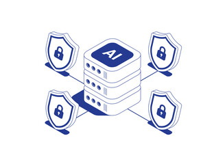 Secure AI server rack with protected data flows featuring shield and lock security symbols in isometric line contour vector illustration.