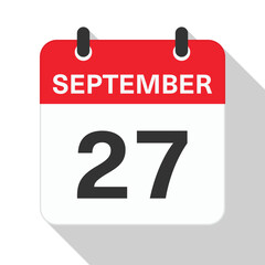 September 27 Daily Calendar. Red Theme on White Background