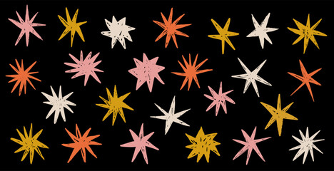 Crayon chalk hand drawn stars doodle elements collection. Retro vintage pencil sketches in grunge simple style. 
