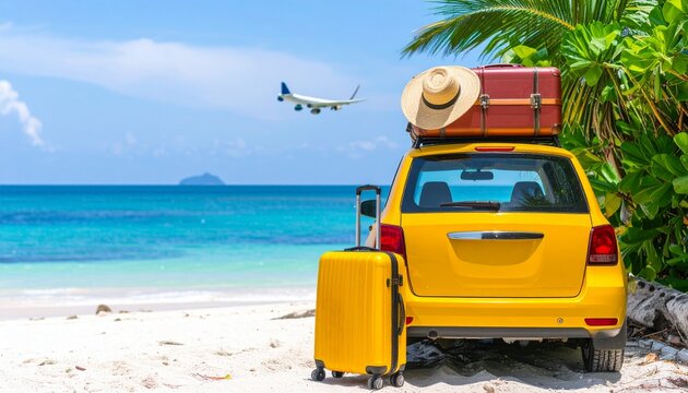 Wakacyjne tło z samochodem stojącym na plaży, walizkami, morzem i samolotem na niebie. Wakacyjne podr&oacute;że, wyjazdy, urlop, wypoczynek.
