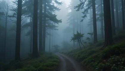 A misty forest path winding through tall pine trees.
