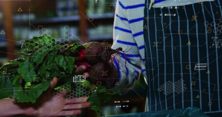 vendor handing fresh beetroots to customer in market, with floating technology data graphics - Powered by Adobe