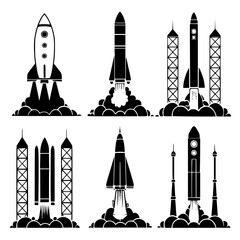 rocket launch icon set vector silhouettes illustration. Rocket Launch Sequence Vector Set – Stages of Spacecraft Liftoff with Smoke, Fire, and Launchpad Icons for Space Exploration. 