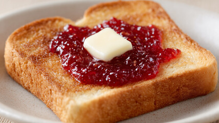 Closeup of toasted bread topped with smooth jam and pat of butter
