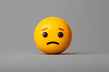 Bright yellow sad emoji with a frown and raised eyebrows against a gray background conveying a sense of disappointment or sadness