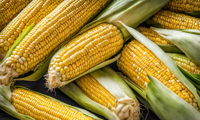 Freshly harvested ears of corn with husks, showcasing vibrant yellow kernels and crisp green coverings, embodying natural freshness and ideal for delicious.