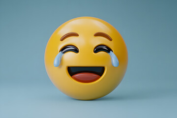 Fototapeta premium Smiling emoji with tears of joy against a blue background evokes happiness and amusement
