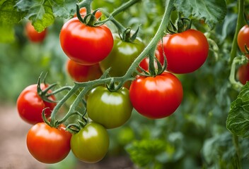 A bunch of organic tomatoes on the vine, premium quality and ready for harvest, delivering freshness and natural goodness directly to consumers for nutritious flavorful meals.