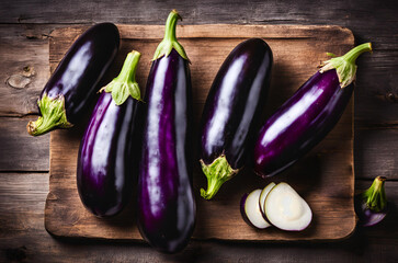 Purple eggplants placed on a chopping board, showcasing their smooth, glossy skin and vibrant color, ready to be sliced and used in delicious culinary creations.