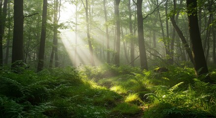 Obraz premium Sunlight streams through misty forest (2)