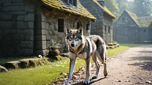 Wolf walking on a path in front of stone houses with mossy roofs in a village setting outdoors