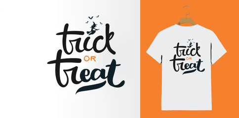 Trick or Treat Halloween Typography T-Shirt Design with Witch and Bats

