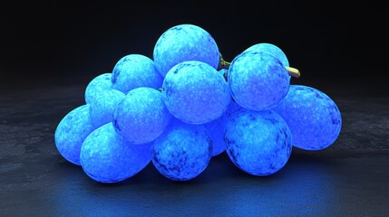Glowing blue grapes cluster on dark surface