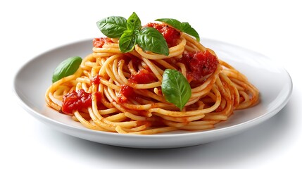 Spaghetti with tomato sauce and basil on white plate. 