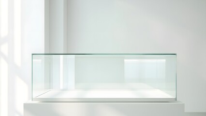 Transparent modern glass display case on white pedestal in bright minimalist gallery, natural light enhancing clean design