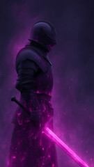 Fototapeta premium Knight in cosmic armor stands boldly, radiating mystical aura with glowing sword
