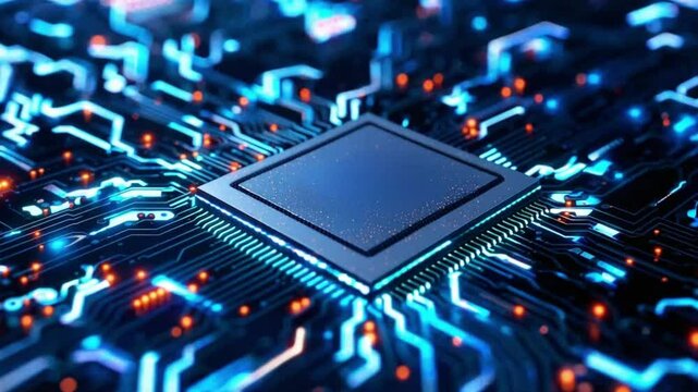 Futuristic Microchip Circuit Board with Glowing Data Flow