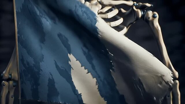 Skeletal figure holding a tattered flag
