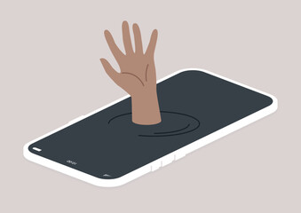 A hand emerges dramatically from the surface of a smartphone, creating a spooky visual metaphor for digital interaction and modern communication obsession