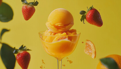 AI generator image of ice cream fruit, Assorted ice cream on scoop and fresh fruits, ice cream bowl with vanilla gelato and fresh berries. Big portion of classic vanilla taste ice cream