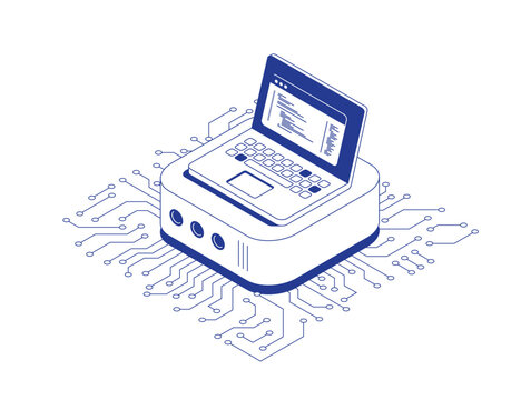 Computer programmer server technology concept with laptop on server rack and circuit board tracks showing data transfer flows in isometric line contour vector illustration.