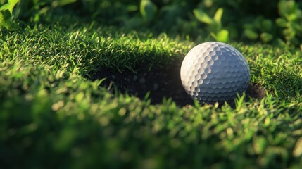 Obraz premium Golf ball nestled in a lush green cup on a sunny day