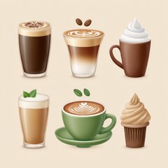 Obraz premium Assortment of Coffee Drinks and Cupcake on Beige Background