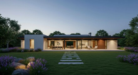 Modern home exterior at dusk