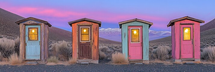 Colorful outhouses at dawn in a desert landscape