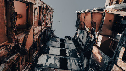 ruined street and destroyed houses the city war in Ukraine
