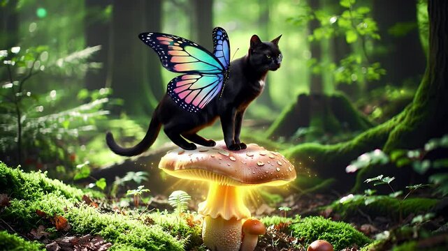 Magical forest cat with butterfly wings