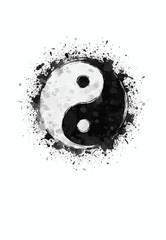 Abstract ink art featuring the traditional Yin Yang symbol, showcasing harmony and balance through a bold splattered black and white aesthetic on a minimalist clean background.