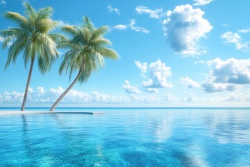 Tropical island paradise. Two palm trees on a small island with a calm, turquoise ocean