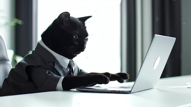 Black cat in suit working on laptop