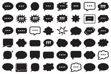 A vector set presents a black and white icons collection with transport, weather, and speech bubble design elements in silhouette and outline shapes