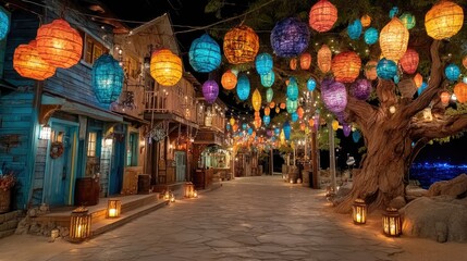 Fototapeta premium Enchanting night festival in lantern-lit village magical atmosphere dreamy scene captivating view