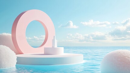 Pastel-colored, floating podiums on a placid ocean, against a backdrop of light blue sky and puffy clouds