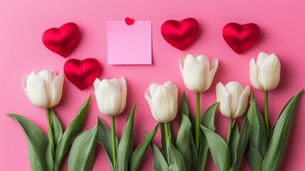Romantic valentines day background with white tulips red hearts pink note love card soft happy bloom