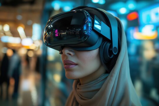 Woman wearing virtual reality headset in a vibrant urban setting, immersed in digital experience