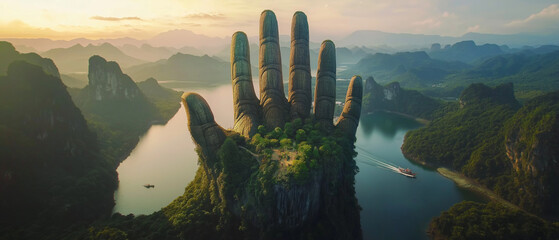 AI generator image of hand-shaped mountain, an island with hand-shaped mountains, covered with green trees, the concept of protecting the world from global warming, conserving forests with our hands.
