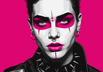 Portrait of a man with alternative punk grunge fashion style and makeup - isolated on magenta