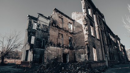 ruined street and destroyed houses the city war in Ukraine