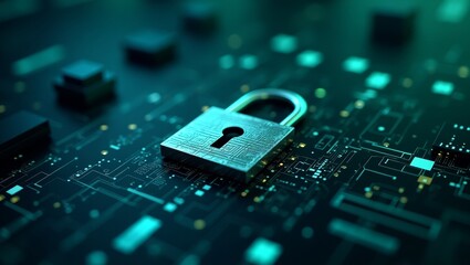 AI Cybersecurity Concept – Digital Lock and Hacking Threat in Modern Computer Systems Technology