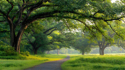Scenic Forest Path Under Canopy Of Lush Trees